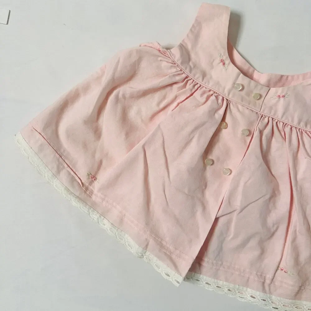 Vintage Pink Floral Embroidered Eyelit Trim Sleeveless Babydoll Dress Sz 0-3 mo